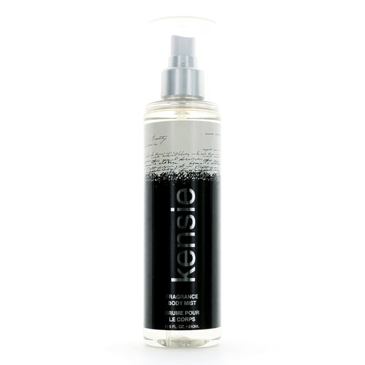 Women's body mist bottle with spray nozzle, clear liquid and dark Kensie label.