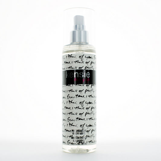 Kensie Loving Life body mist bottle with clear liquid and silver spray cap