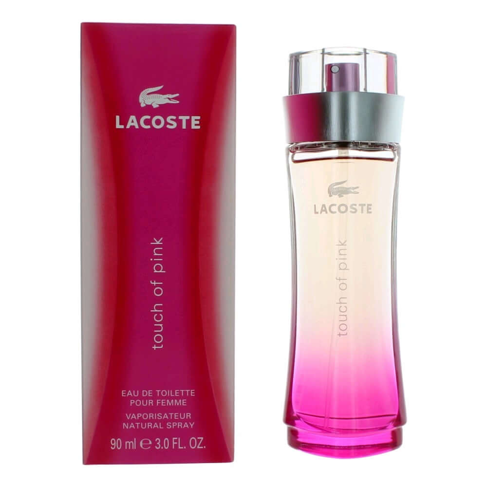 Lacoste Touch of Pink EDT spray bottle with maroon box and pink liquid
