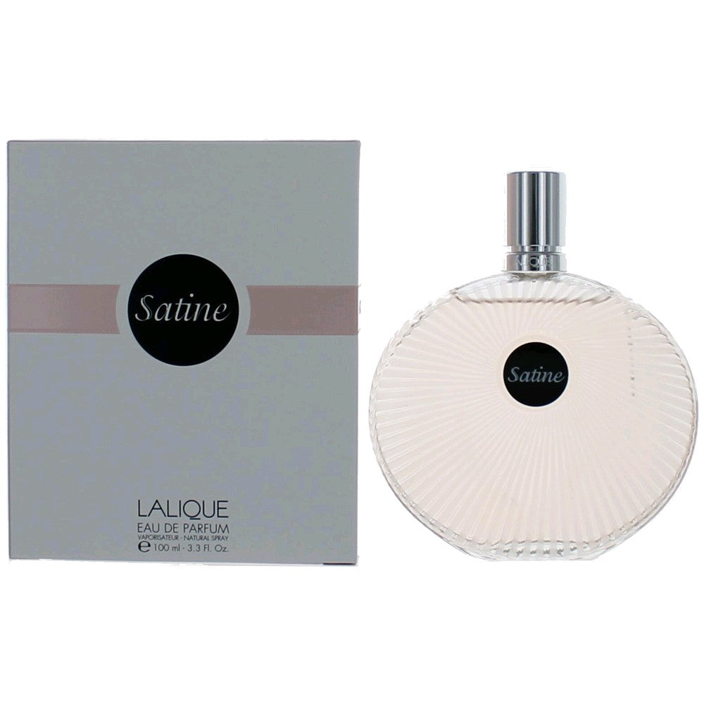 Lalique Satine Eau de Parfum spray bottle with matching box, clear glass and white label