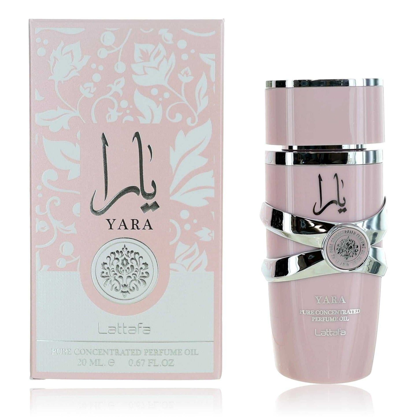 Lattafa Yara concentrated perfume oil bottle, pink glass with silver cap