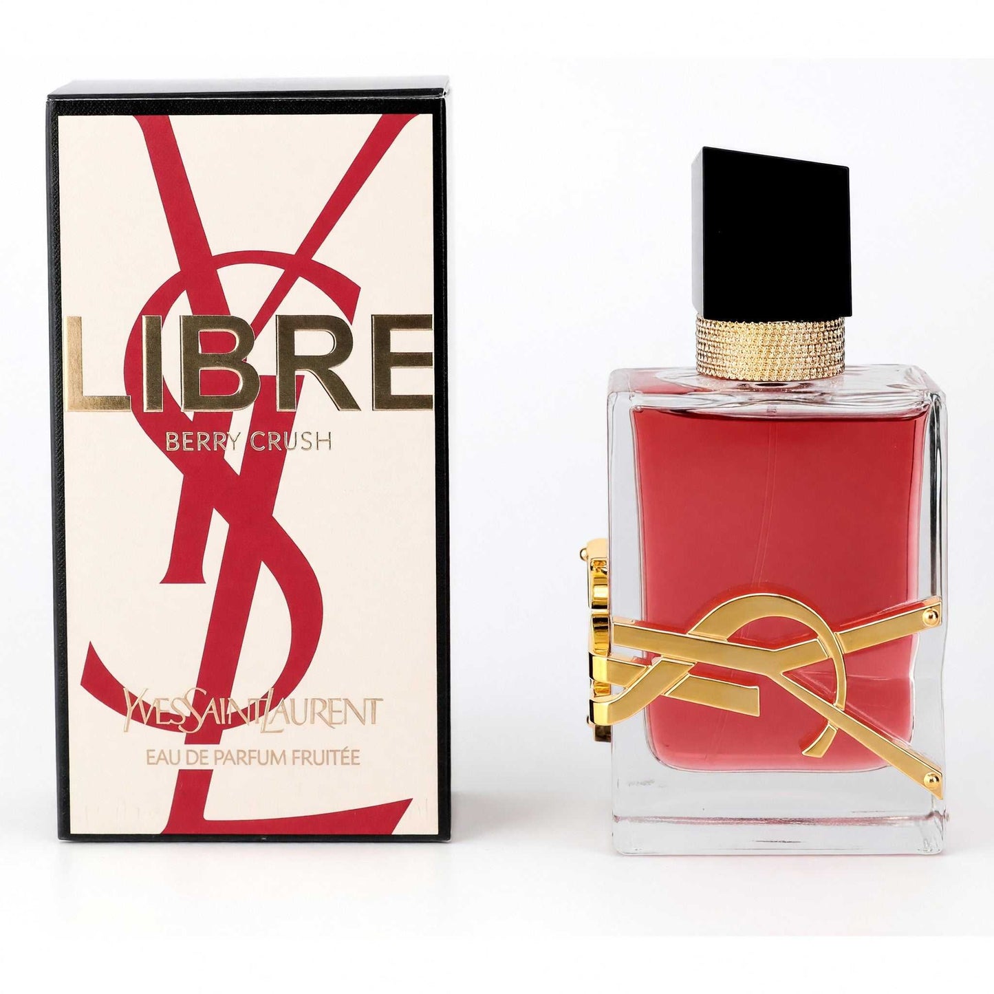 Women's berry eau de parfum bottle with red liquid, gold cap, and matching box.