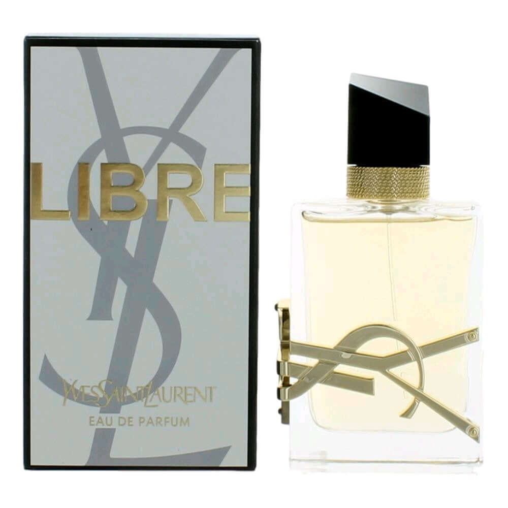 Eau de parfum spray bottle with gold cap and ribbon, in Libre box by Yves Saint Laurent