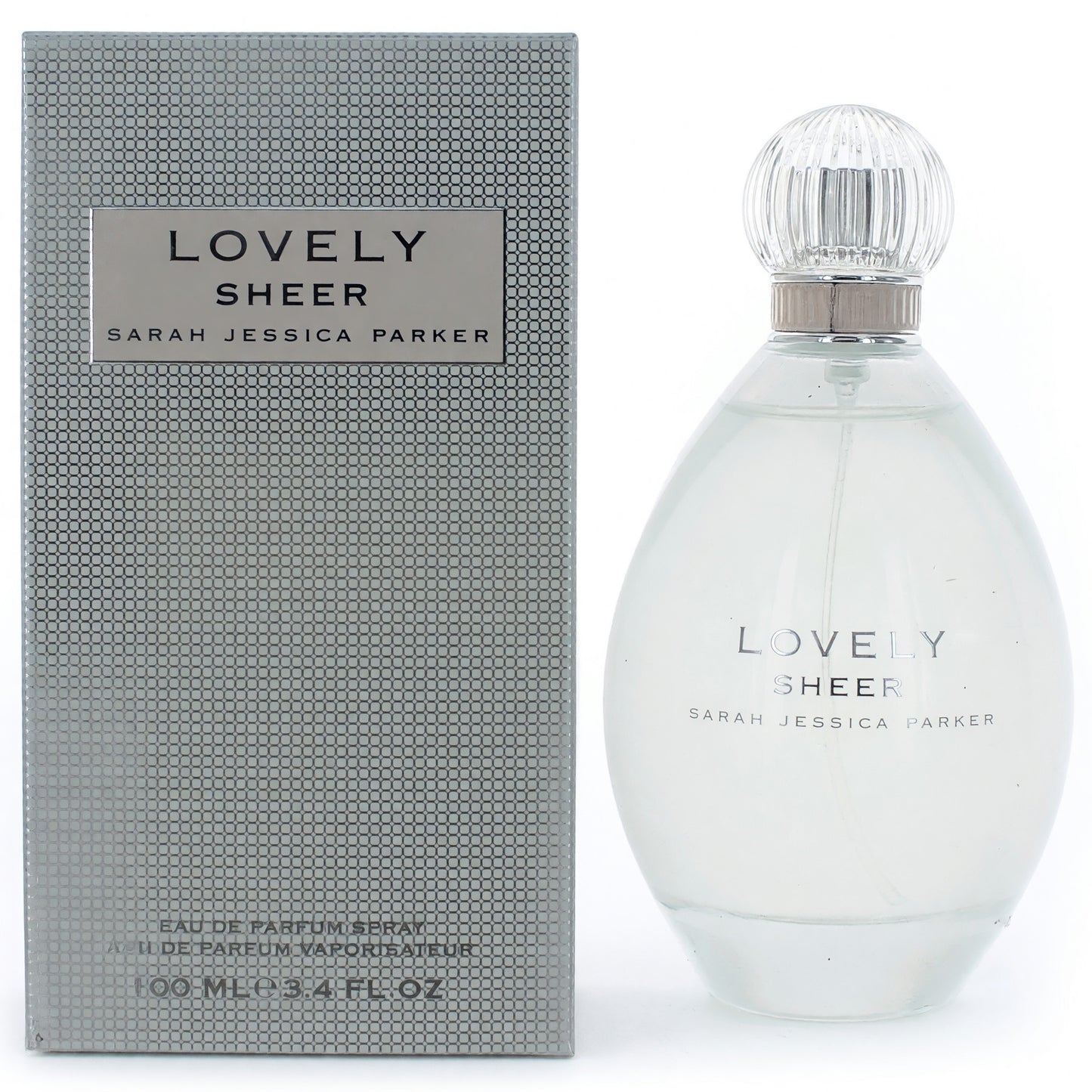 Lovely Sheer eau de parfum spray bottle and box, clear glass with silver cap