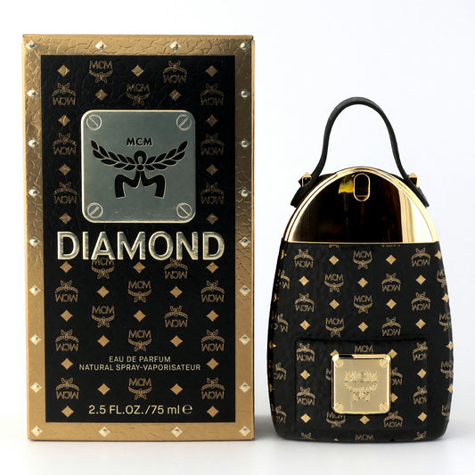 MCM Diamond EDP spray bottle and gift box, black with gold logo pattern