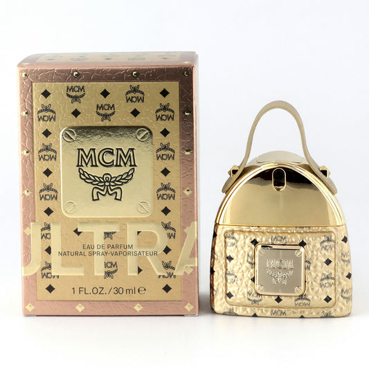 MCM Ultra women’s EDP spray in gold patterned tote-style bottle with matching box