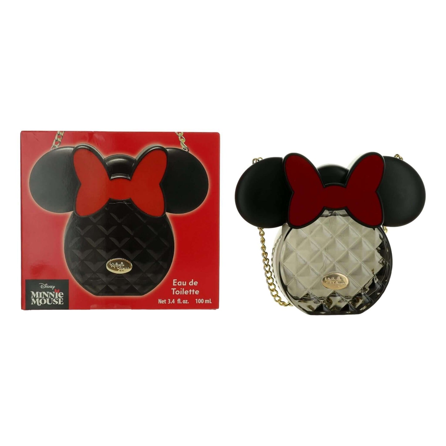 Minnie Mouse EDT spray bottle with bow and mouse ears, shown with red gift box