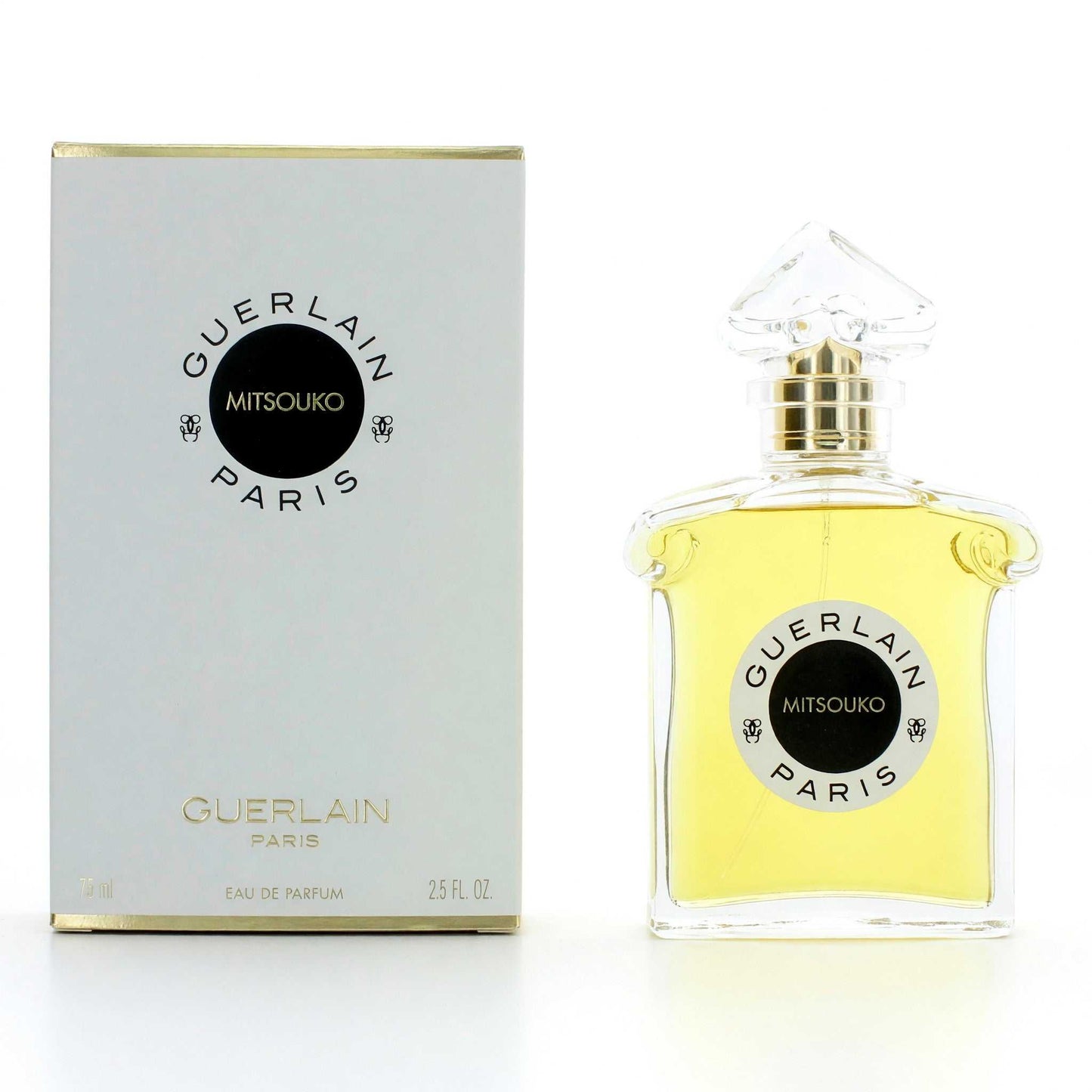 Women’s perfume EDP spray bottle with gold cap, yellow liquid, and matching box.