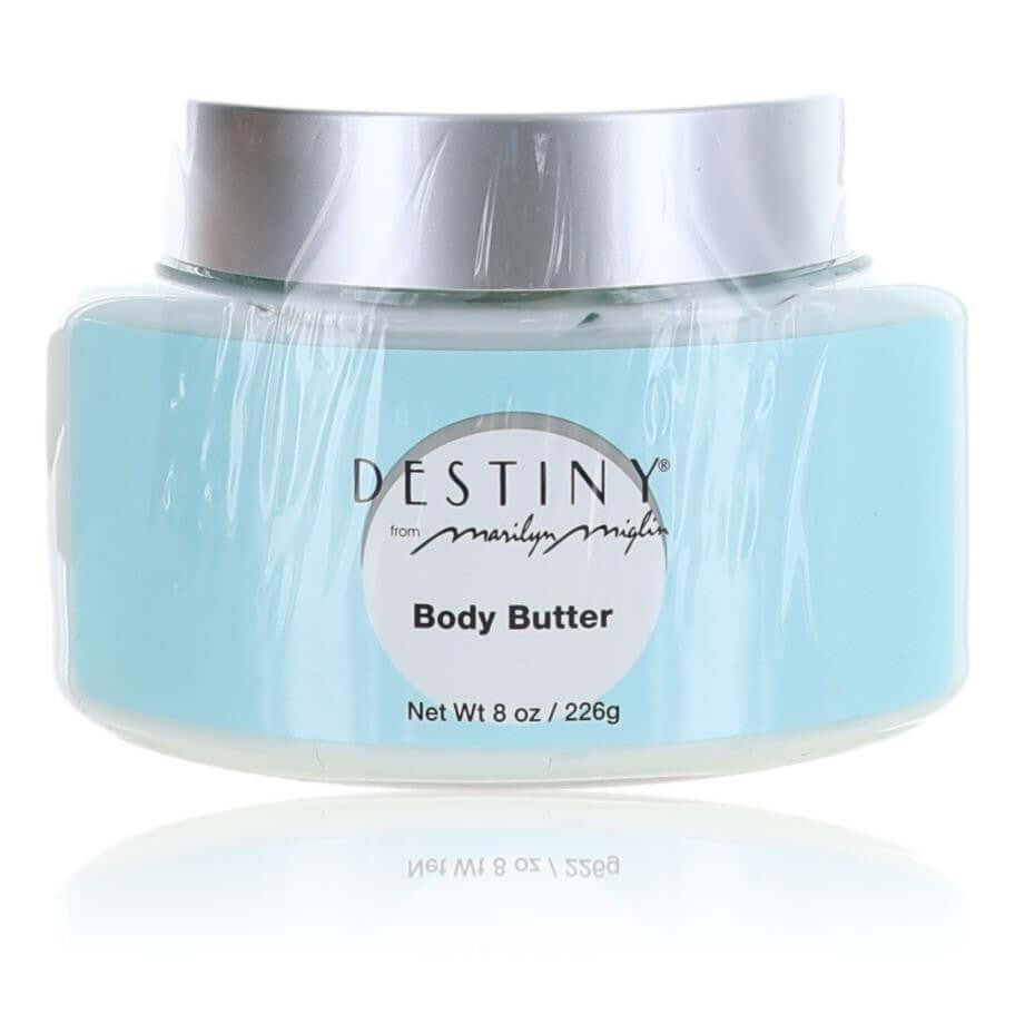 Light blue body butter jar with silver lid, Destiny and Body Butter label, 8 oz