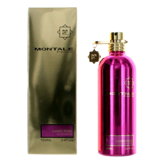 Montale perfume EDP spray bottle and gold box, 3.4 fl oz, pink glass