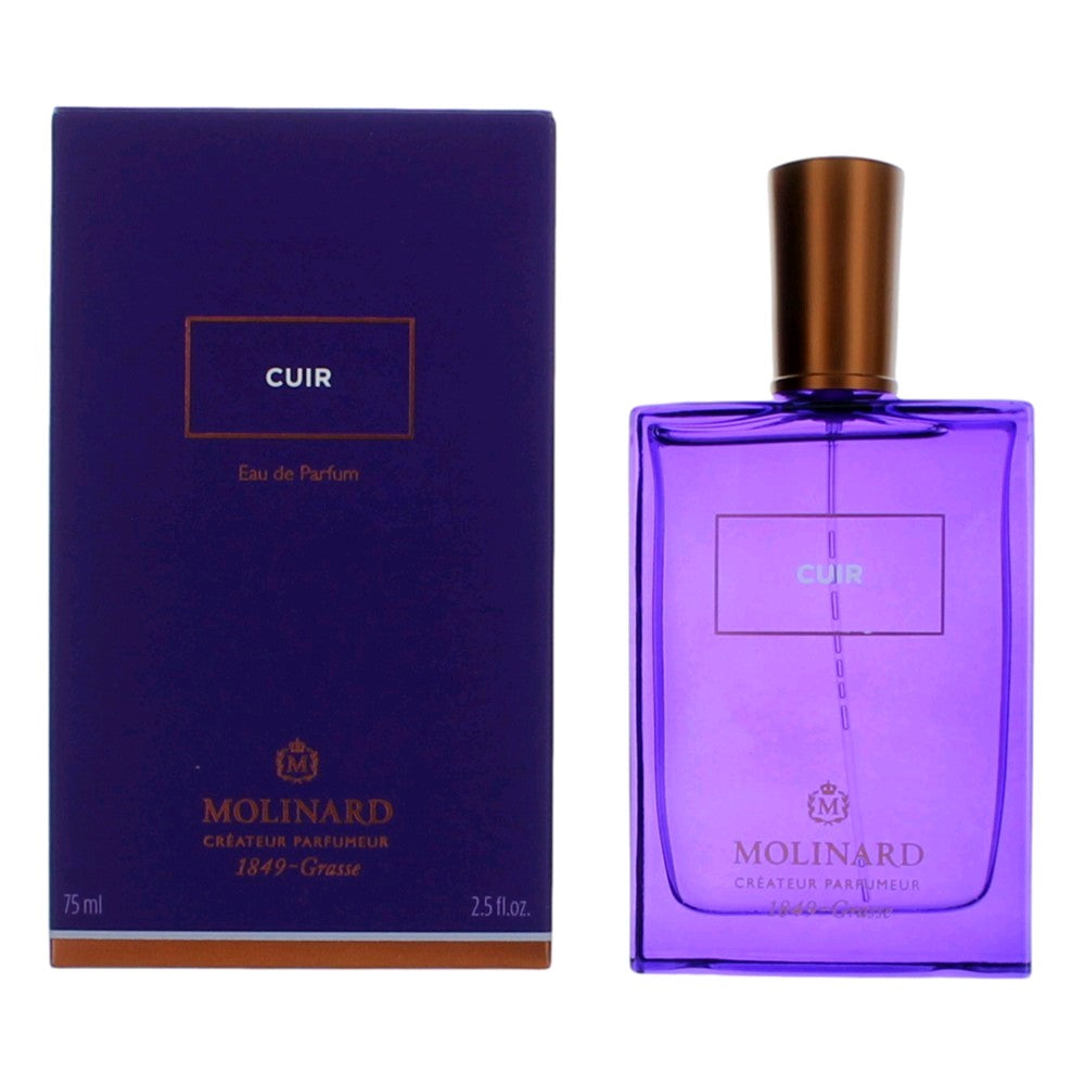 Womenâs EDP spray set with purple glass bottle and copper cap, plus purple box