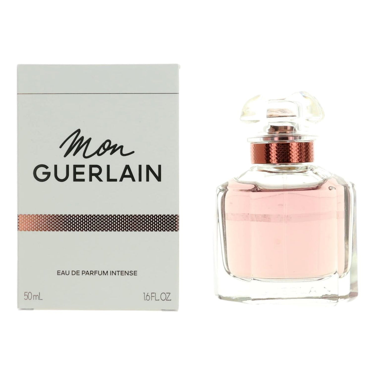 Mon Guerlain Intense eau de parfum bottle with pink liquid and copper spray cap, box
