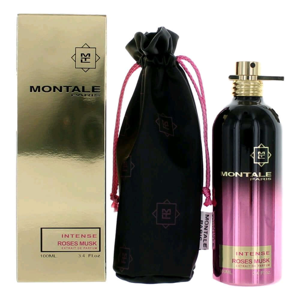 Extrait de parfum set: Montale Intense Roses Musk bottle with black drawstring pouch.