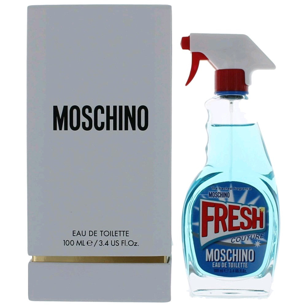 Moschino Fresh Couture EDT spray with clear blue bottle and gray gift box