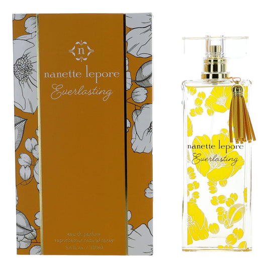 Women's eau de parfum spray bottle with gold cap and yellow floral label, with box