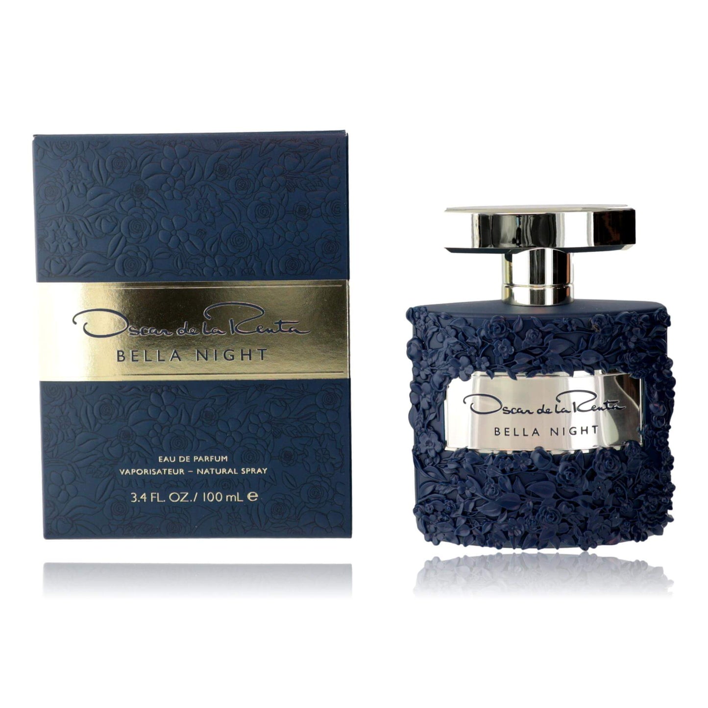 Bella Night by Oscar De La Renta, 3.4 oz EDP Spray for Women with decorative packaging and floral bottle design.
