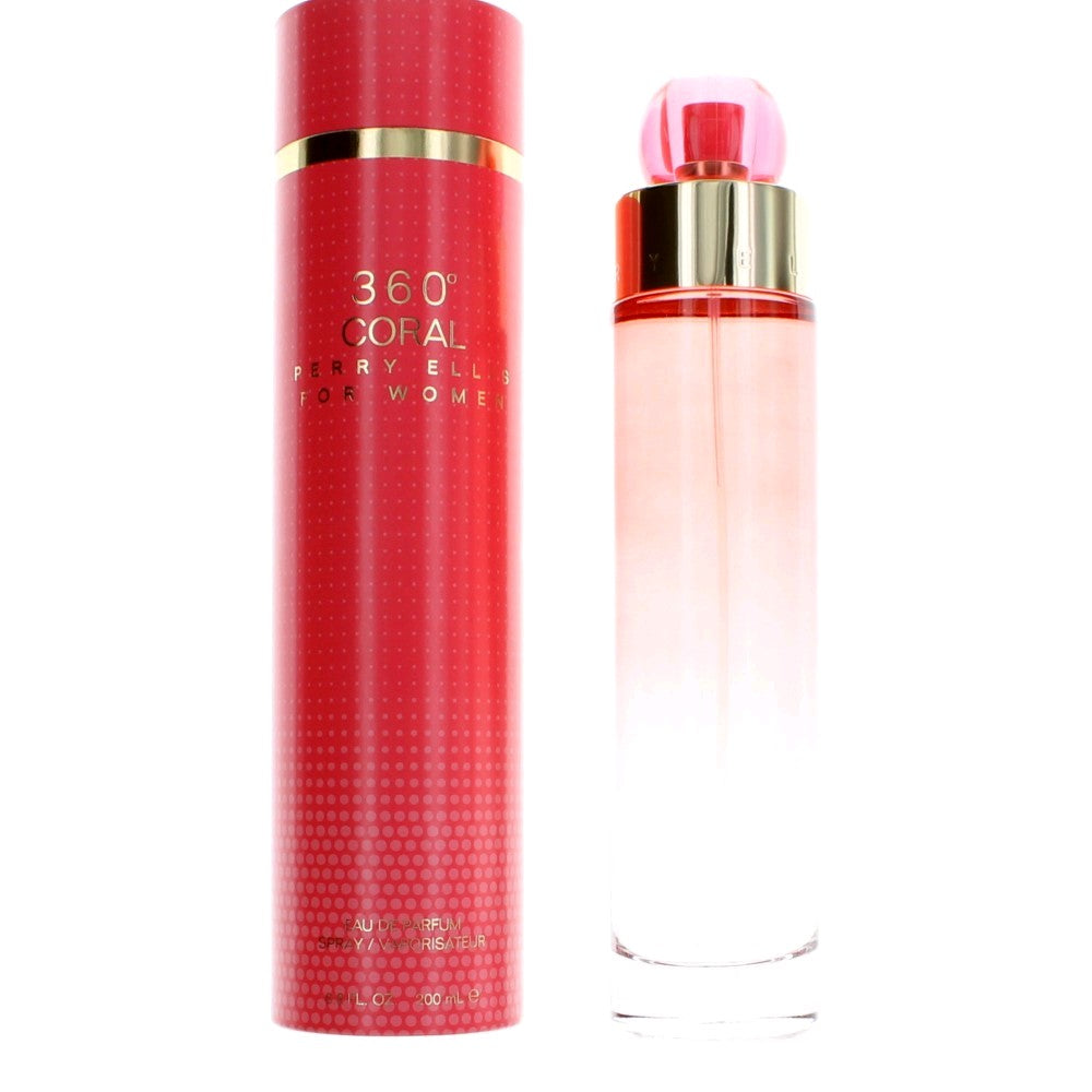 Coral perfume EDT spray bottle with pink cap and gold collar