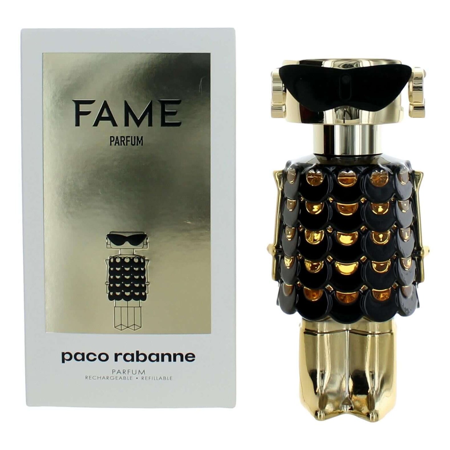 Decorative perfume spray bottle with black cap and gold body, studded accents