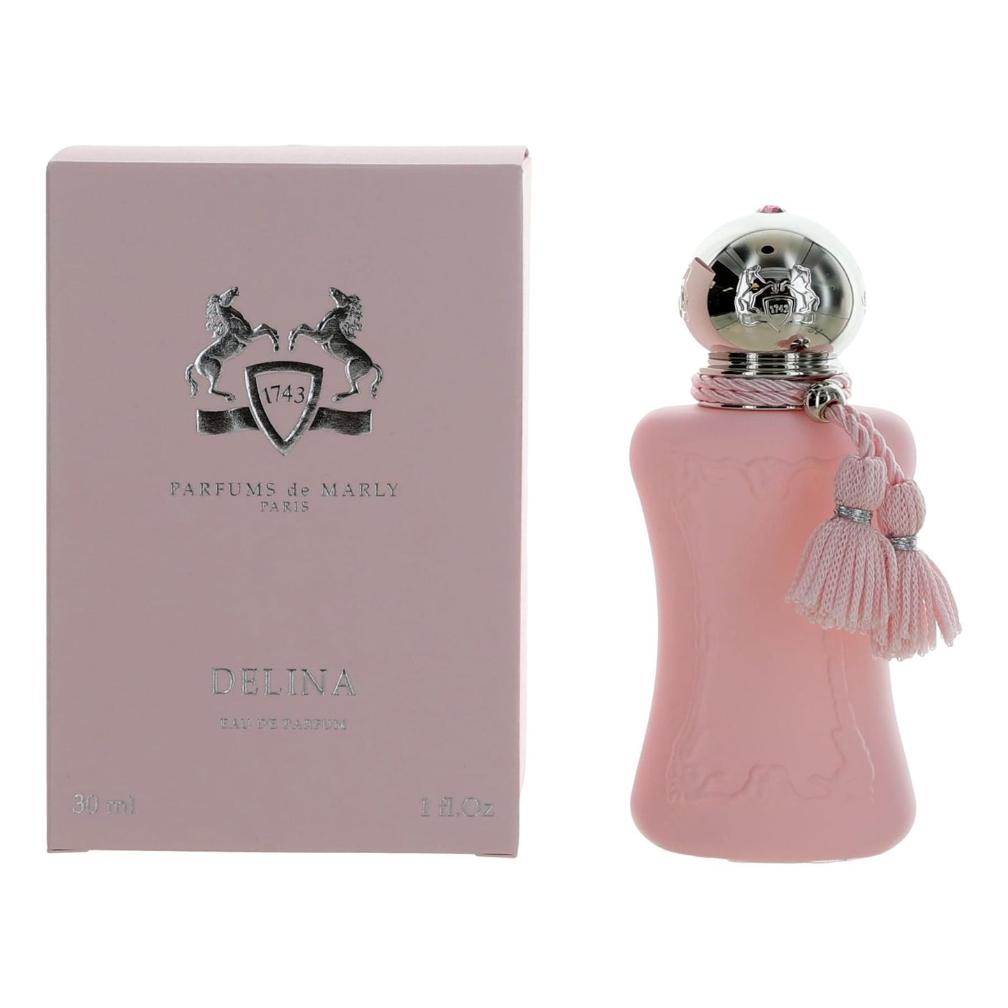 Delina EDP spray perfume bottle with pink glass and silver cap, shown with box