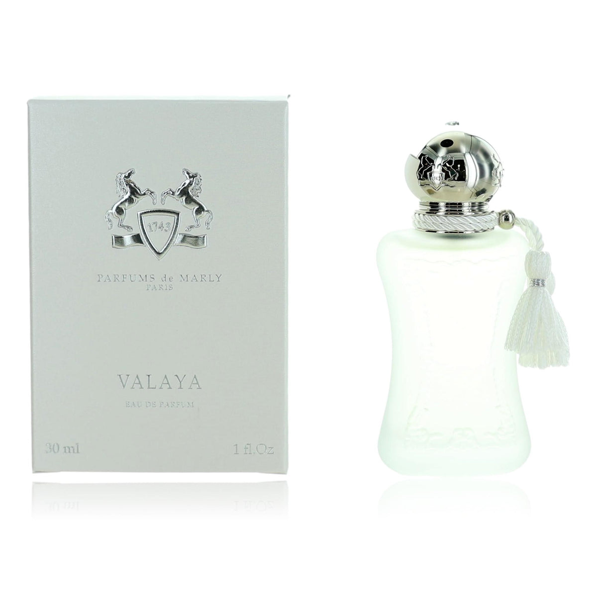 Unisex EDP perfume set: Valaya glass bottle with silver cap and matching box