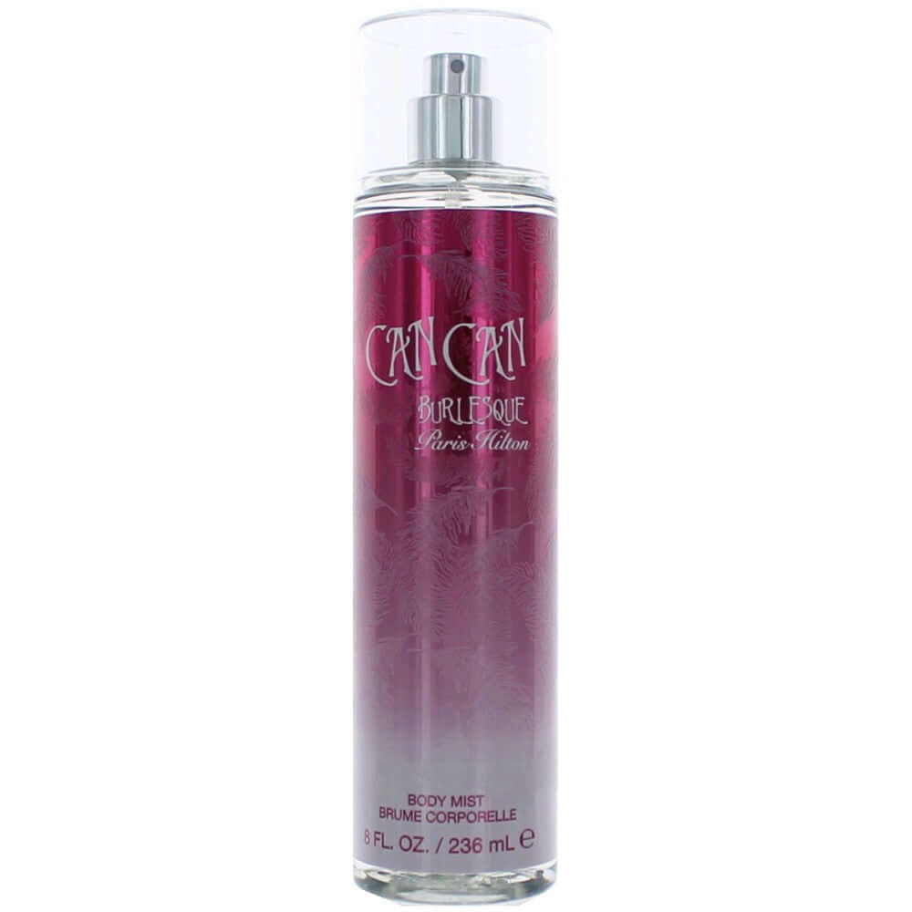 Can Can Burlesque body mist bottle with burgundy liquid and silver pump, 8 oz