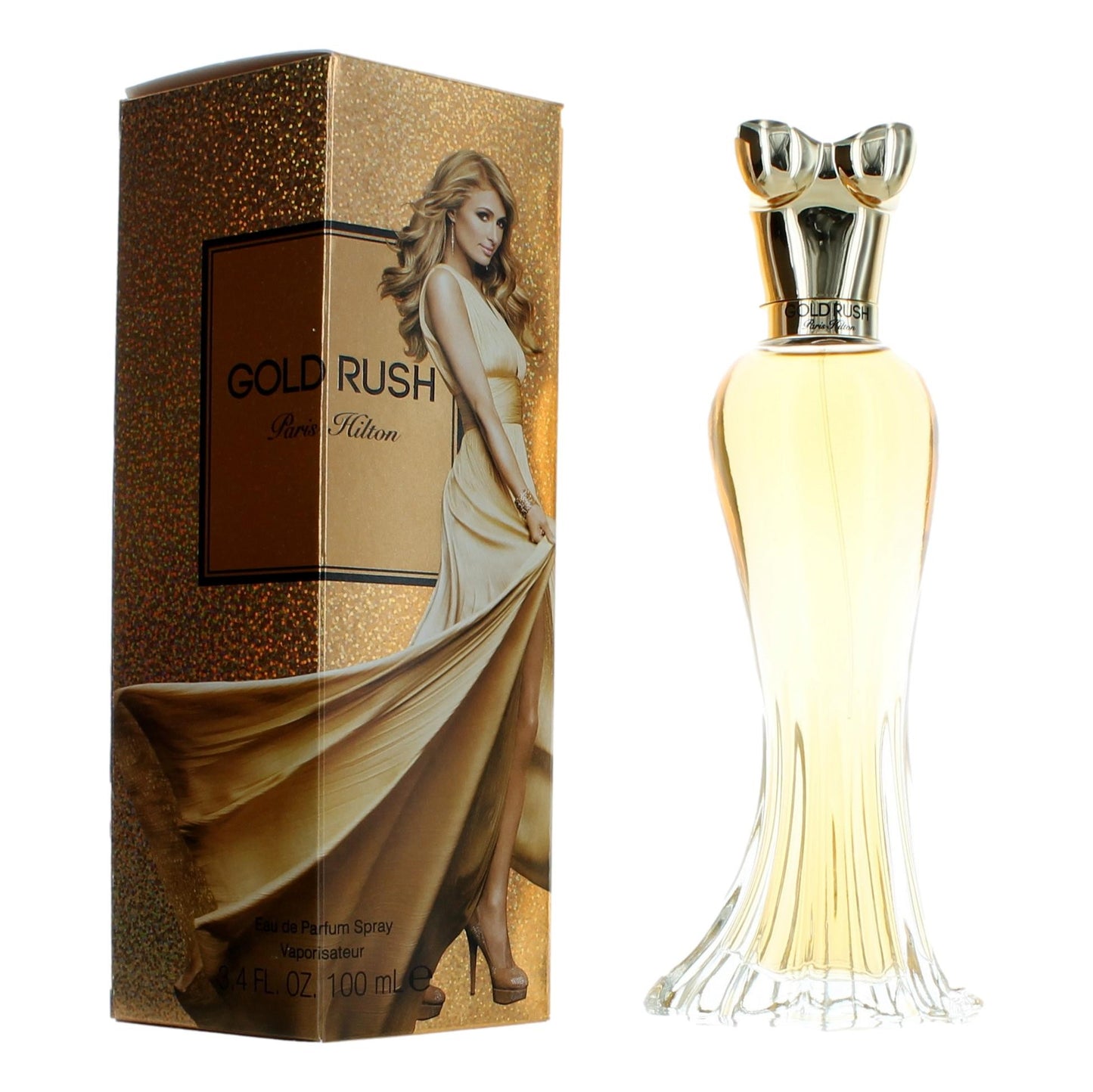 Women’s Eau de Parfum spray bottle with gold cap, pale yellow glass, shown with box.