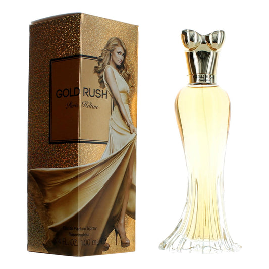 Women’s Eau de Parfum spray bottle with gold cap, pale yellow glass, shown with box.