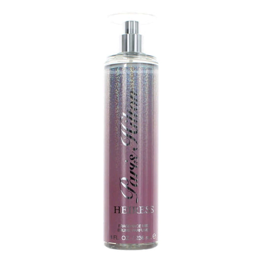 Heiress body mist bottle with silver spray cap, purple glittery finish, 8 oz