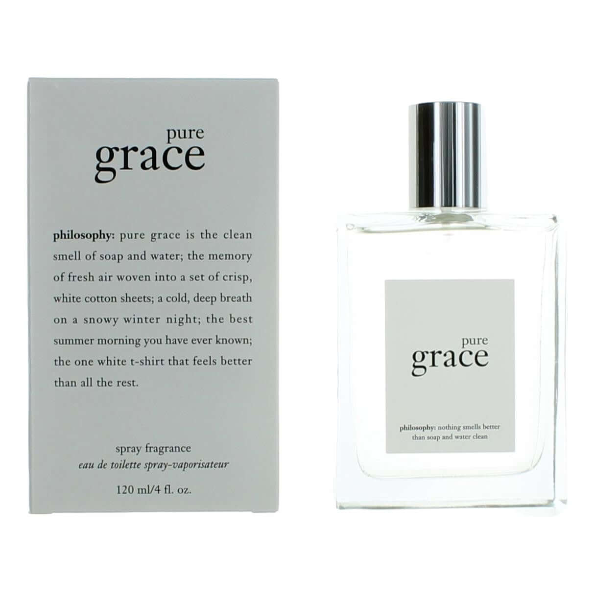 Eau de toilette spray bottle with silver cap beside product box