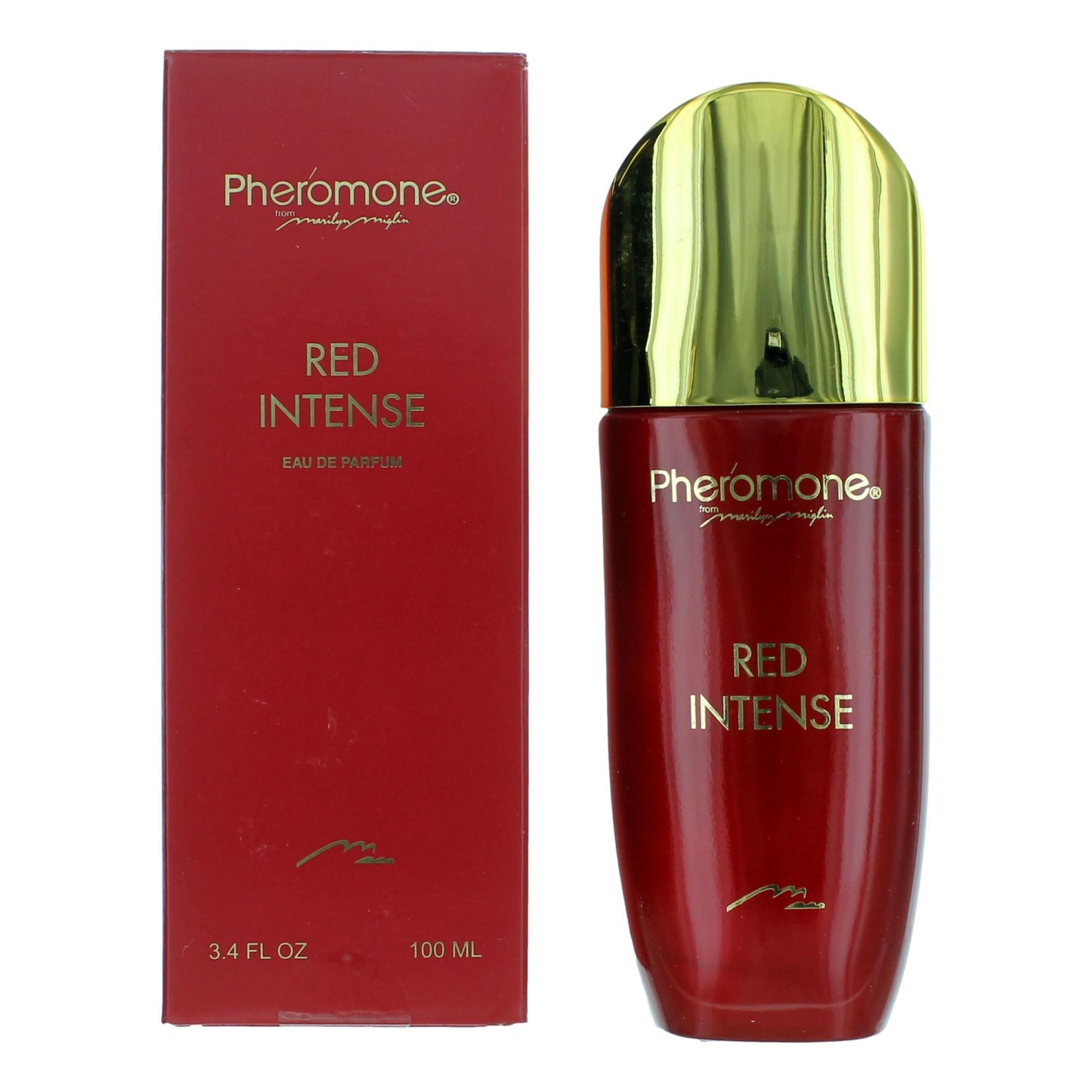 Perfume EDP spray bottle with red liquid and metallic gold cap, red box