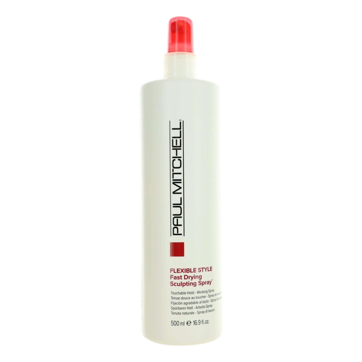 Paul Mitchell sculpting spray bottle with red cap and white label