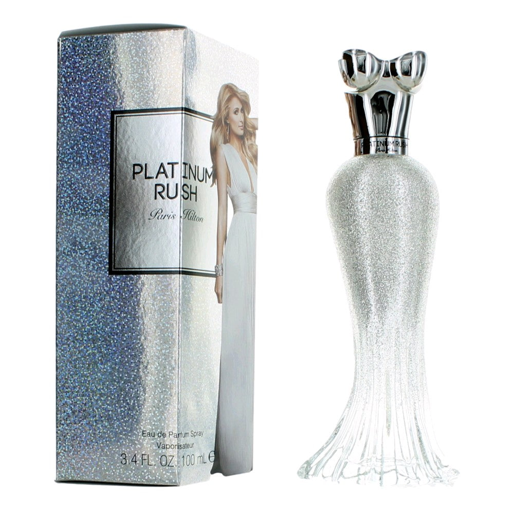 Platinum Rush EDP spray for women, silver glitter bottle with faceted spray cap