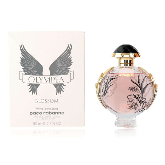 Olympea Blossom by Paco Rabanne, 2.7 oz EDP spray for Women TESTER with floral packaging and elegant bottle.