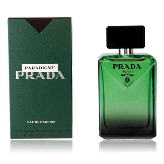 Prada Paradigme by Prada, 3.3 oz EDP spray for Men with green bottle and designer box.