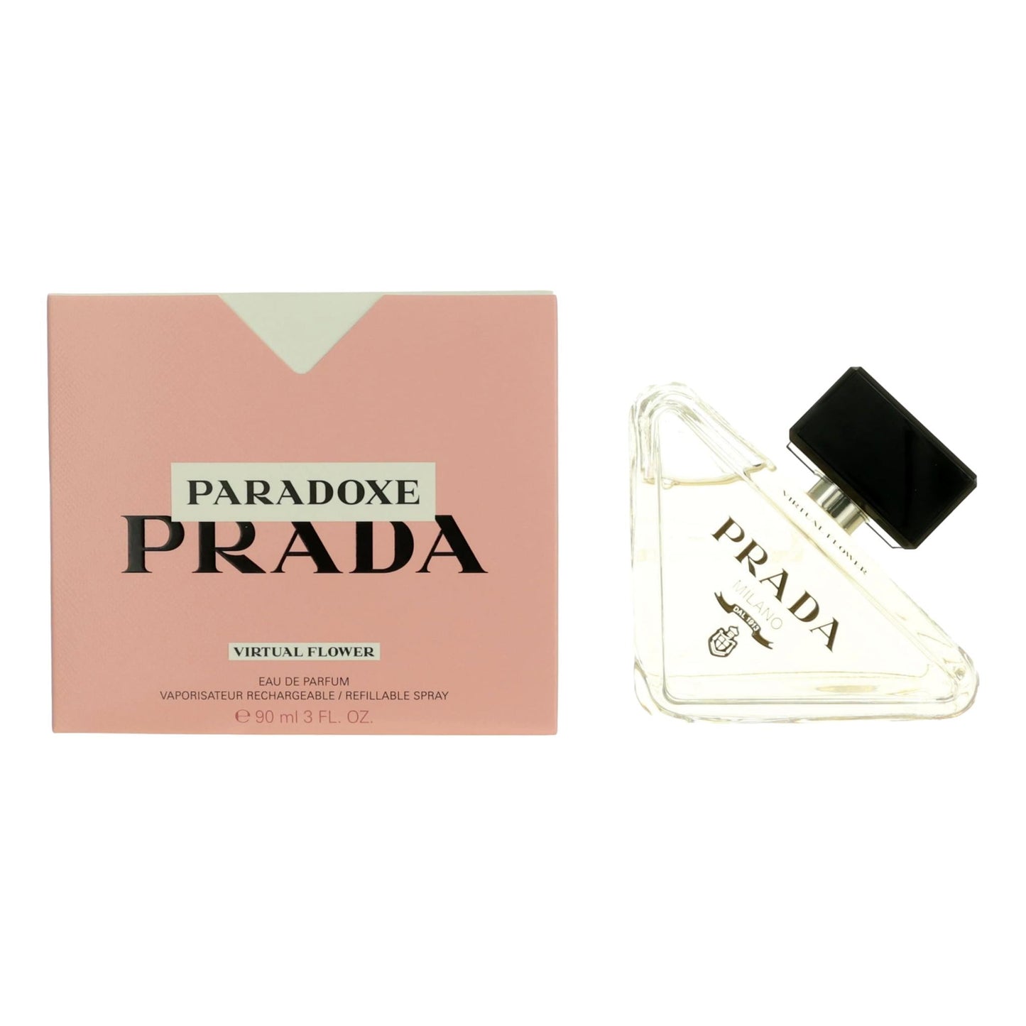 Paradoxe Virtual Flower EDP spray box and glass bottle, clear with black cap