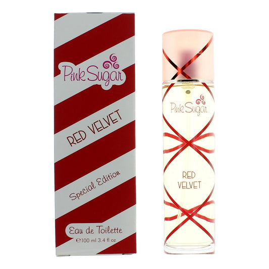 Women’s EDT spray bottle, Pink Sugar Red Velvet design with red ribbon accents.