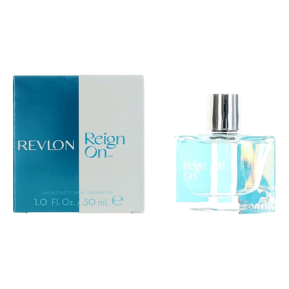 Women's EDT spray, Revlon Reign On box and clear glass bottle with blue liquid