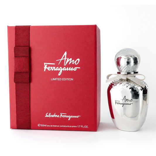 Limited edition women's perfume set: red box and clear glass bottle with silver cap, Amo Ferragamo