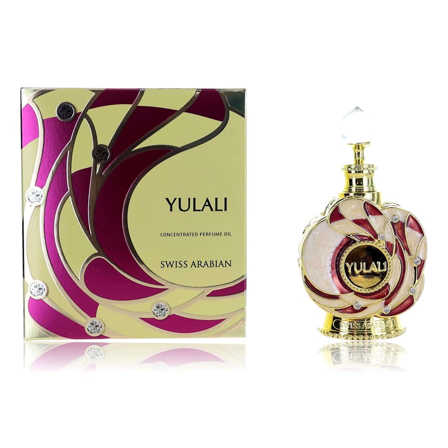 Round concentrated perfume oil bottle with gold cap, red and pink swirl label, in box