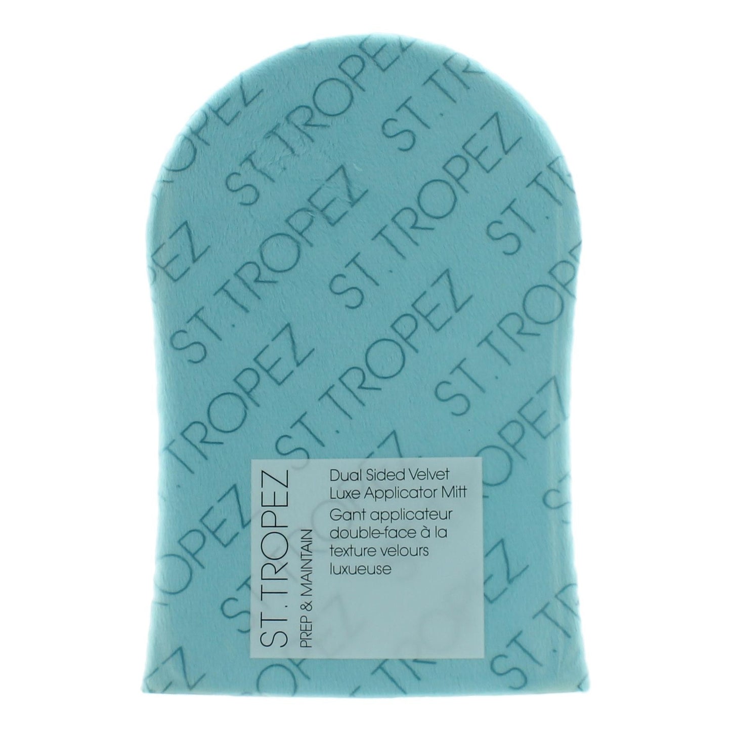 Teal dual-sided velvet applicator mitt with St. Tropez print