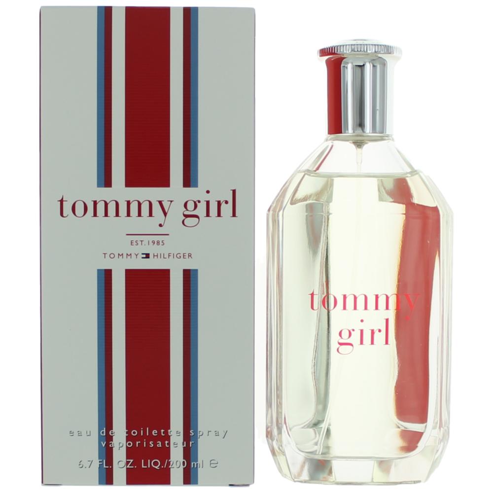 Tommy Girl EDT spray bottle with box, clear glass with red label, silver cap.