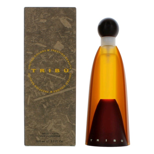 Women's Tribu EDT spray bottle with amber glass and dark base, shown with box