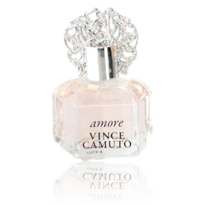 Women’s fragrance splash bottle with clear glass and ornate silver cap, Amore Vince Camuto label