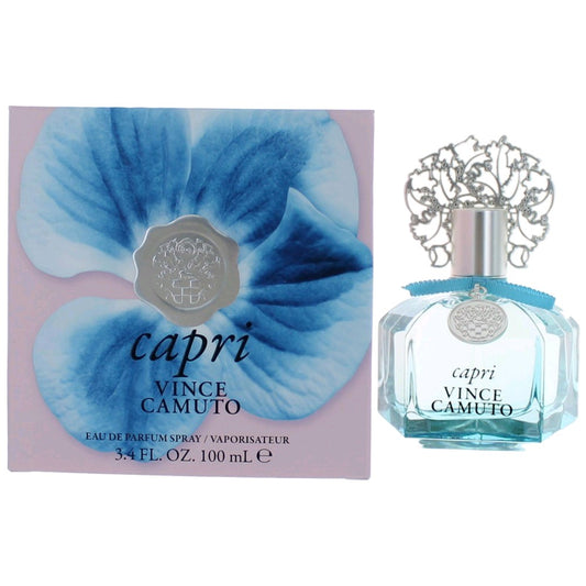 Clear eau de parfum spray bottle with blue liquid and decorative cap