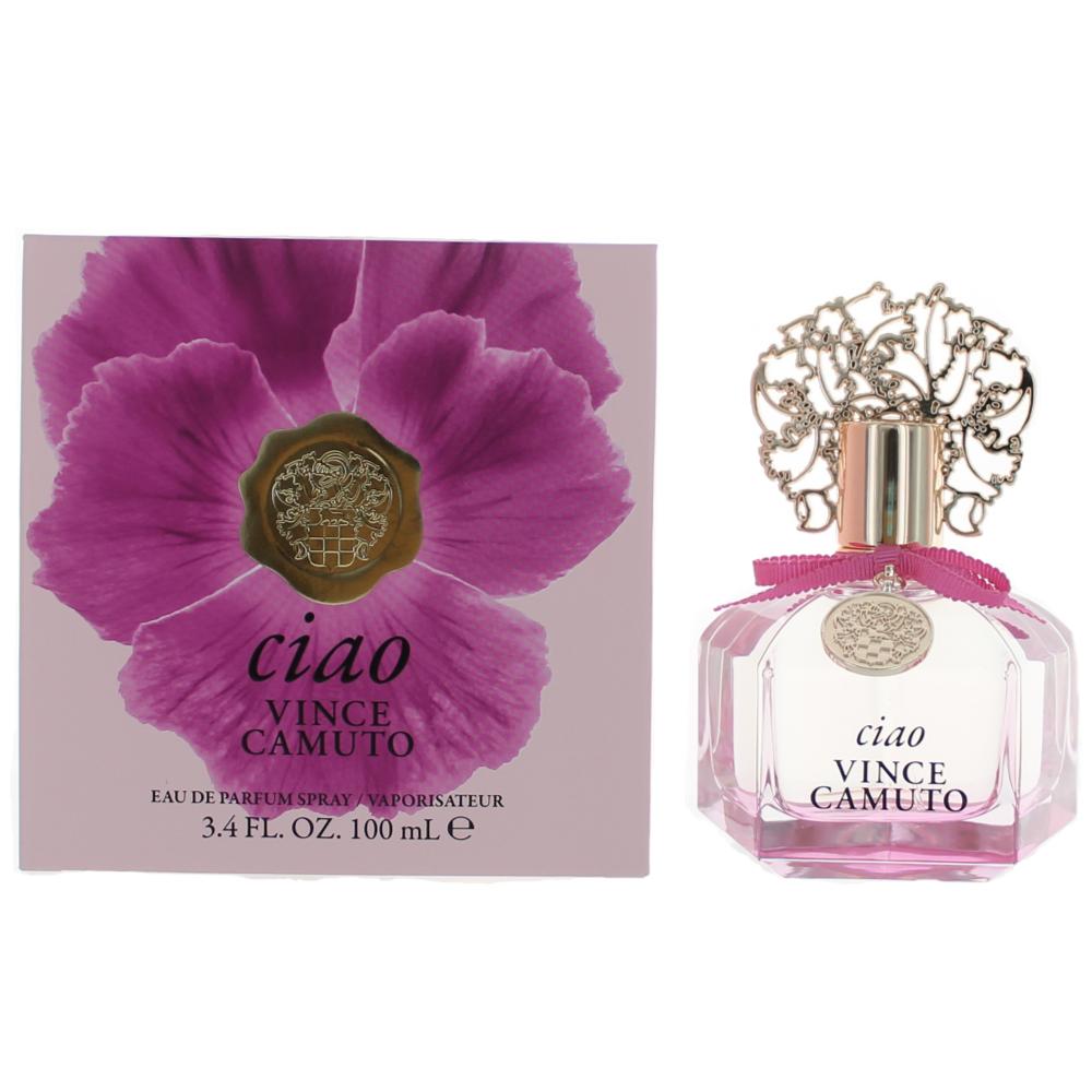 Ciao by Vince Camuto women’s eau de parfum spray bottle, clear glass, gold filigree cap