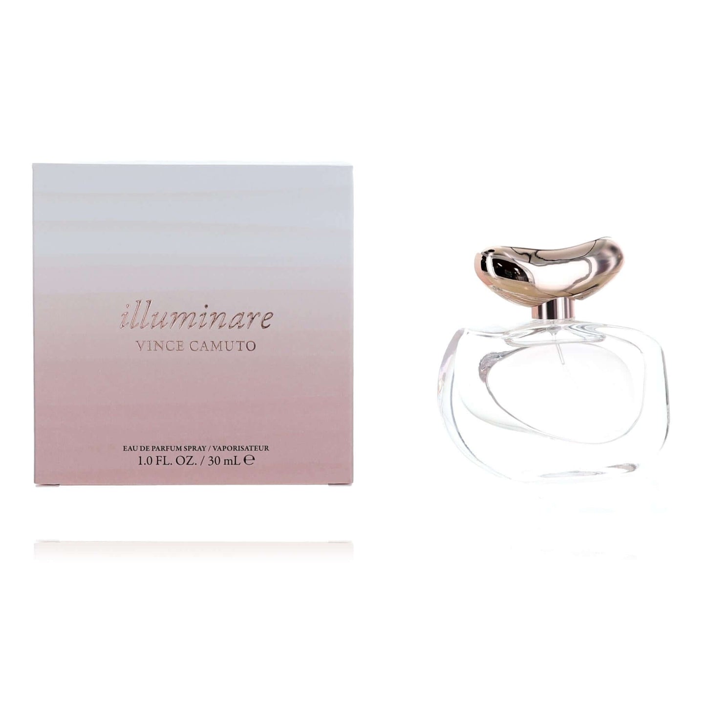 Women's EDP perfume spray bottle with clear glass and rose-gold cap, plus matching box