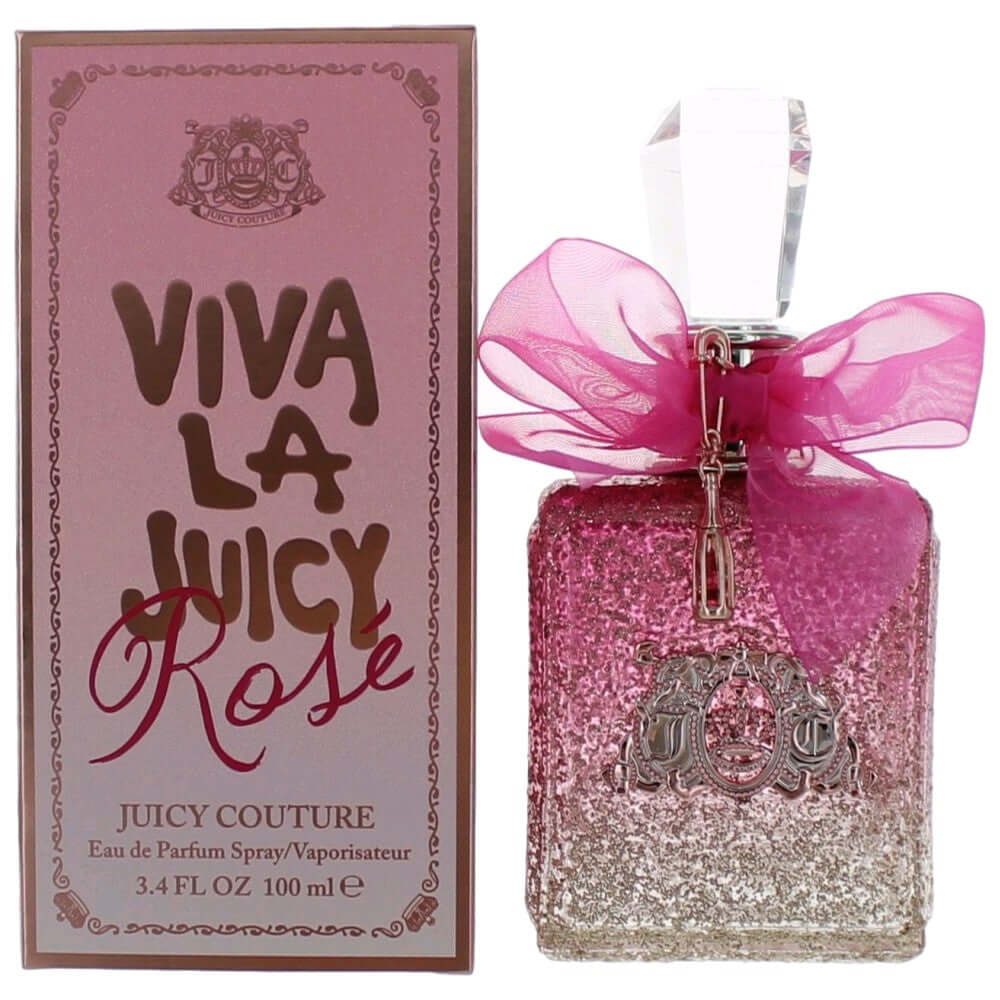 Viva La Juicy Rose by Juicy Couture, 3.4 oz EDP Spray for Women in a glittery pink flacon with a pink ribbon.