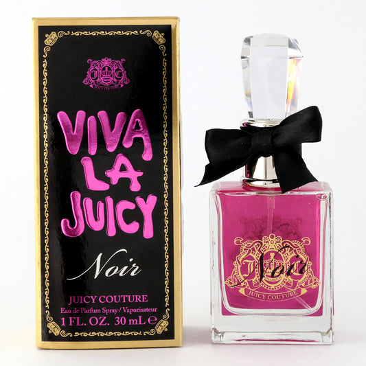Women’s EDP spray bottle with pink liquid, clear glass, black bow, Noir label