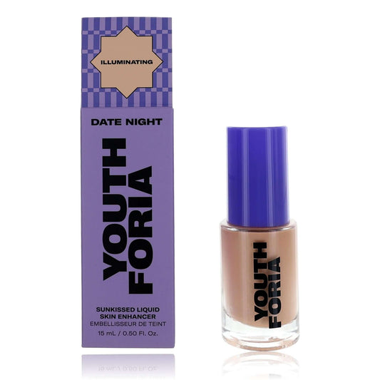 Youthforia Date Night liquid skin enhancer bottle with blue cap, beige shimmer