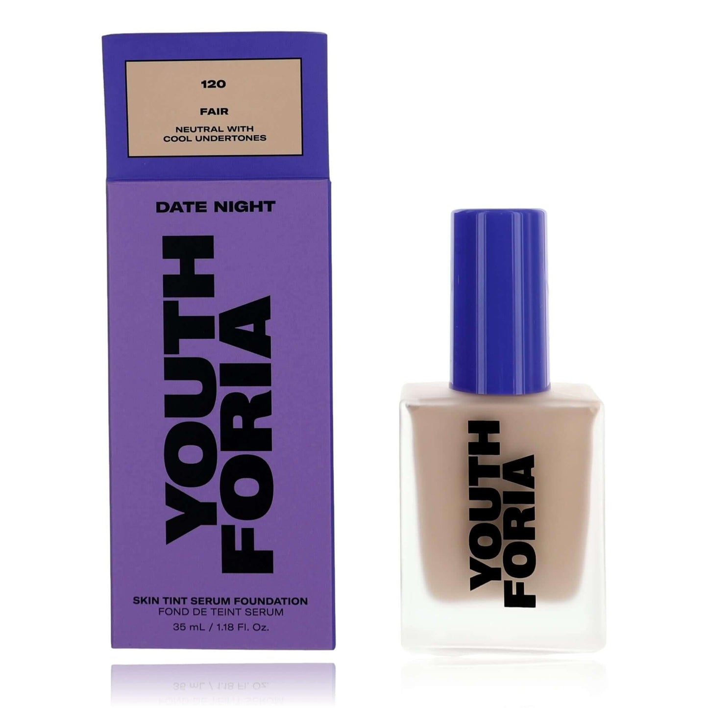 Youthforia Date Night skin tint serum foundation, fair shade bottle with box